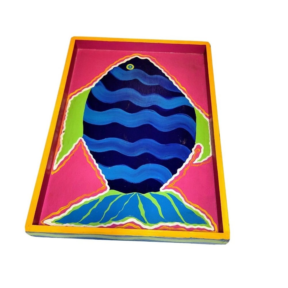 Tropical Bright Fish Handpainted Wooden Tray Signed By Artist 1993 Vintage OOAK - Picture 6 of 12